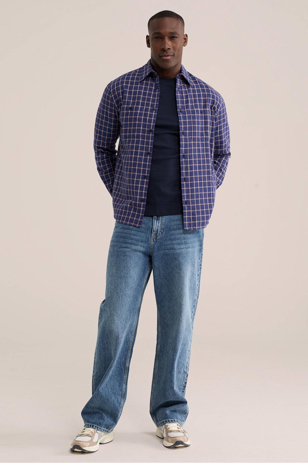 Blauwe heren WE Fashion relaxed fit geruit overhemd van katoen met lange mouwen en klassieke kraag