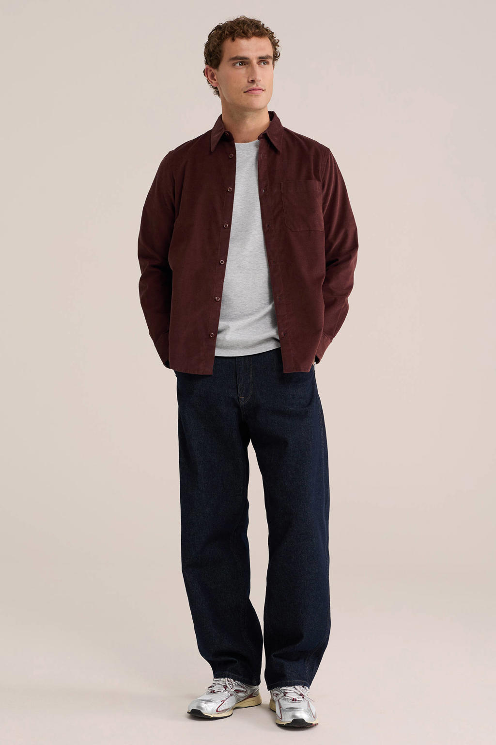 Roodbruine heren WE Fashion regular fit overhemd bruin van katoen met effen, lange mouwen, klassieke kraag en textuur