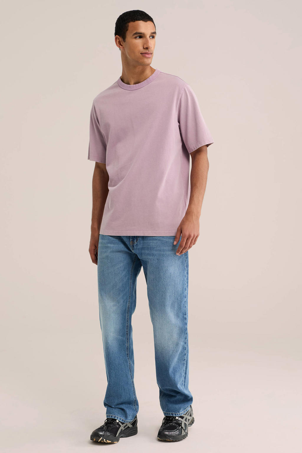 Lichtroze heren WE Fashion Blue Ridge relaxed fit T-shirt van katoen met effen, korte mouwen en ronde hals