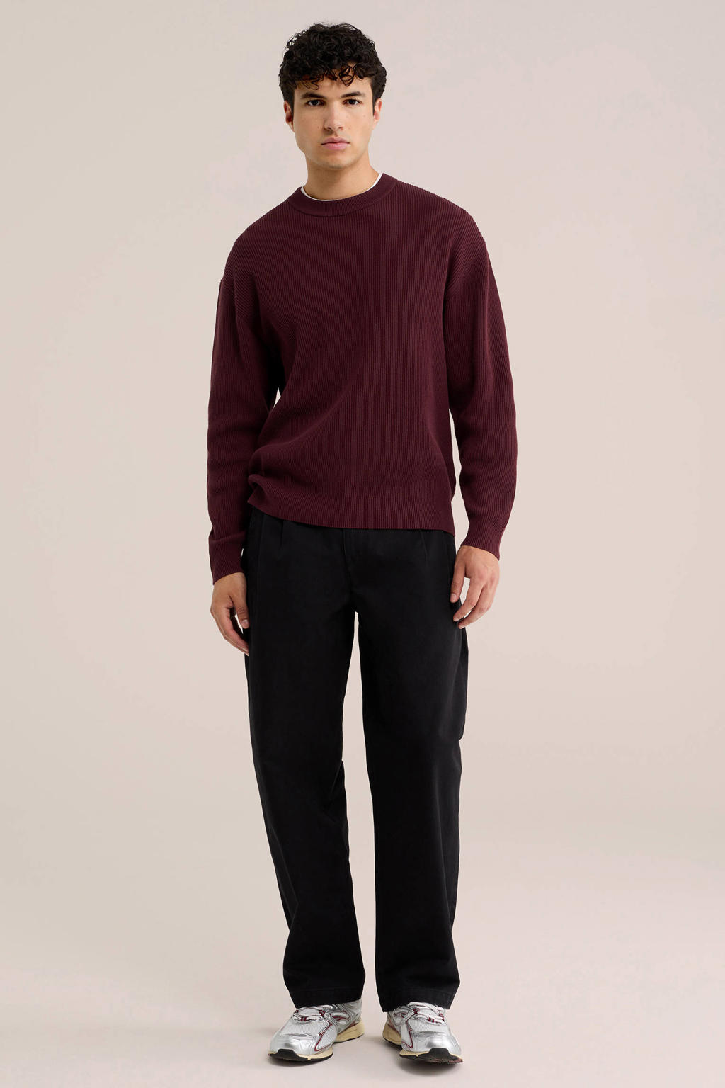 Donkerrode heren WE Fashion katoenen regular fit gebreide trui met lange mouwen en ronde hals