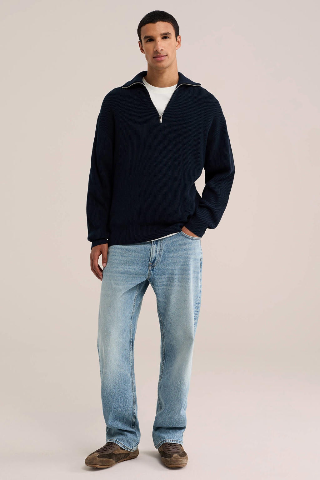 WE Fashion katoenen regular fit gebreide trui - heavy blue