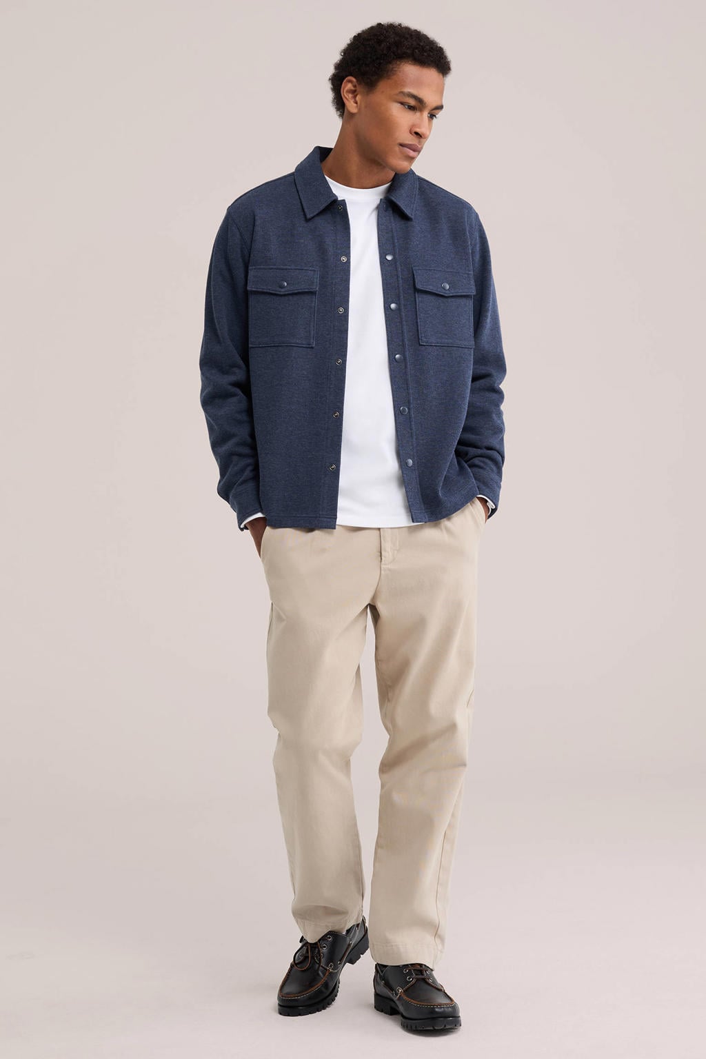 Donkerblauwe heren WE Fashion regular fit gemêleerd overshirt van katoen met melée print, lange mouwen, klassieke kraag en drukknoopsluiting