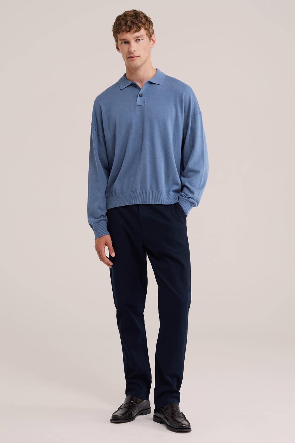 Blauwe heren WE Fashion regular fit gebreide trui van katoen met effen, lange mouwen en polo kraag