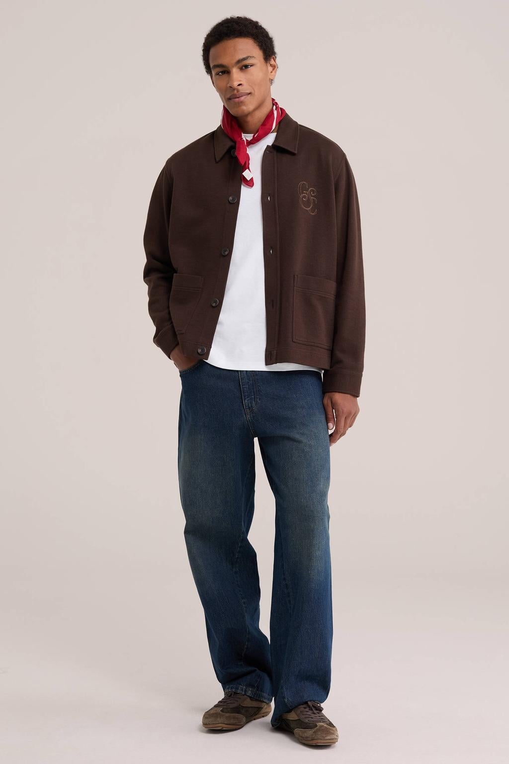 WE Fashion regular fit overshirt met borduursels - roodbruin