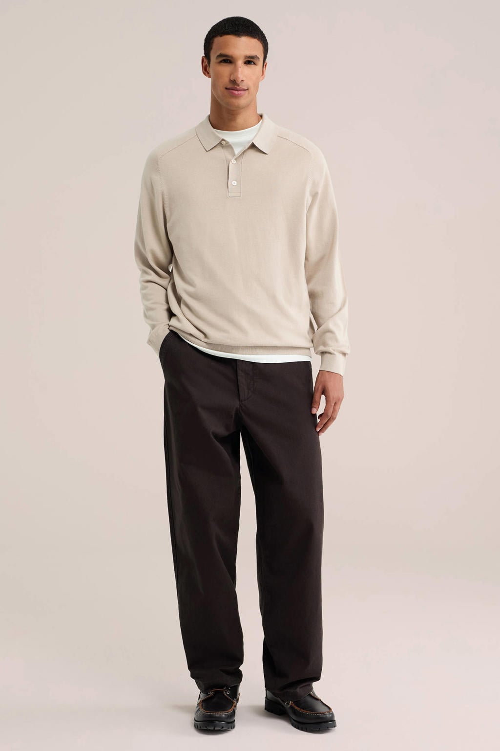 Beige heren WE Fashion regular fit gebreide trui van katoen met effen, lange mouwen en polo kraag