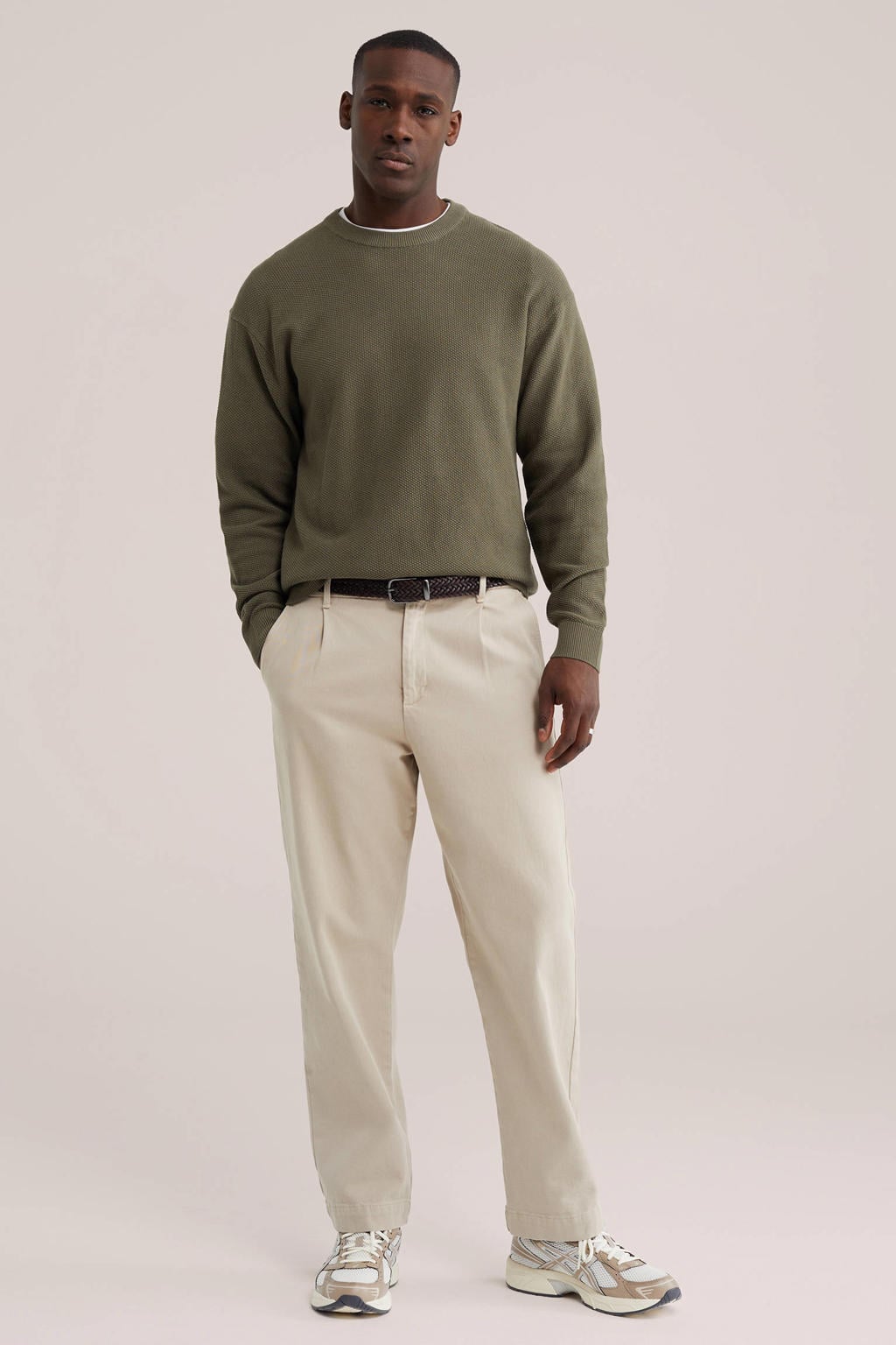 Donkergroene heren WE Fashion katoenen regular fit gebreide trui met lange mouwen en ronde hals
