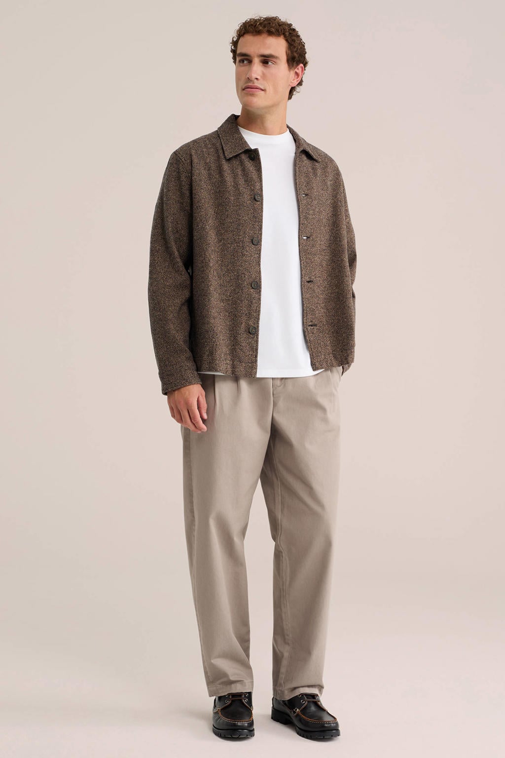 Bruine heren WE Fashion regular fit gemêleerd overshirt van katoen met melée print, lange mouwen, klassieke kraag en textuur