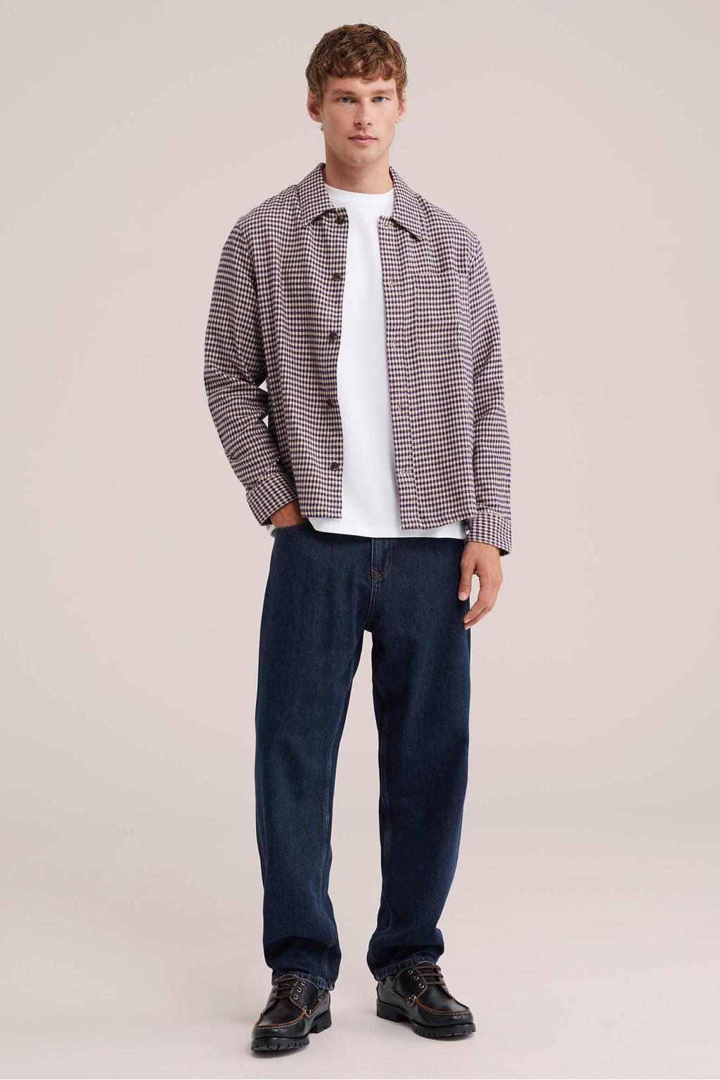 Donkerblauwe heren WE Fashion relaxed fit geruite overhemd van katoen met lange mouwen en klassieke kraag