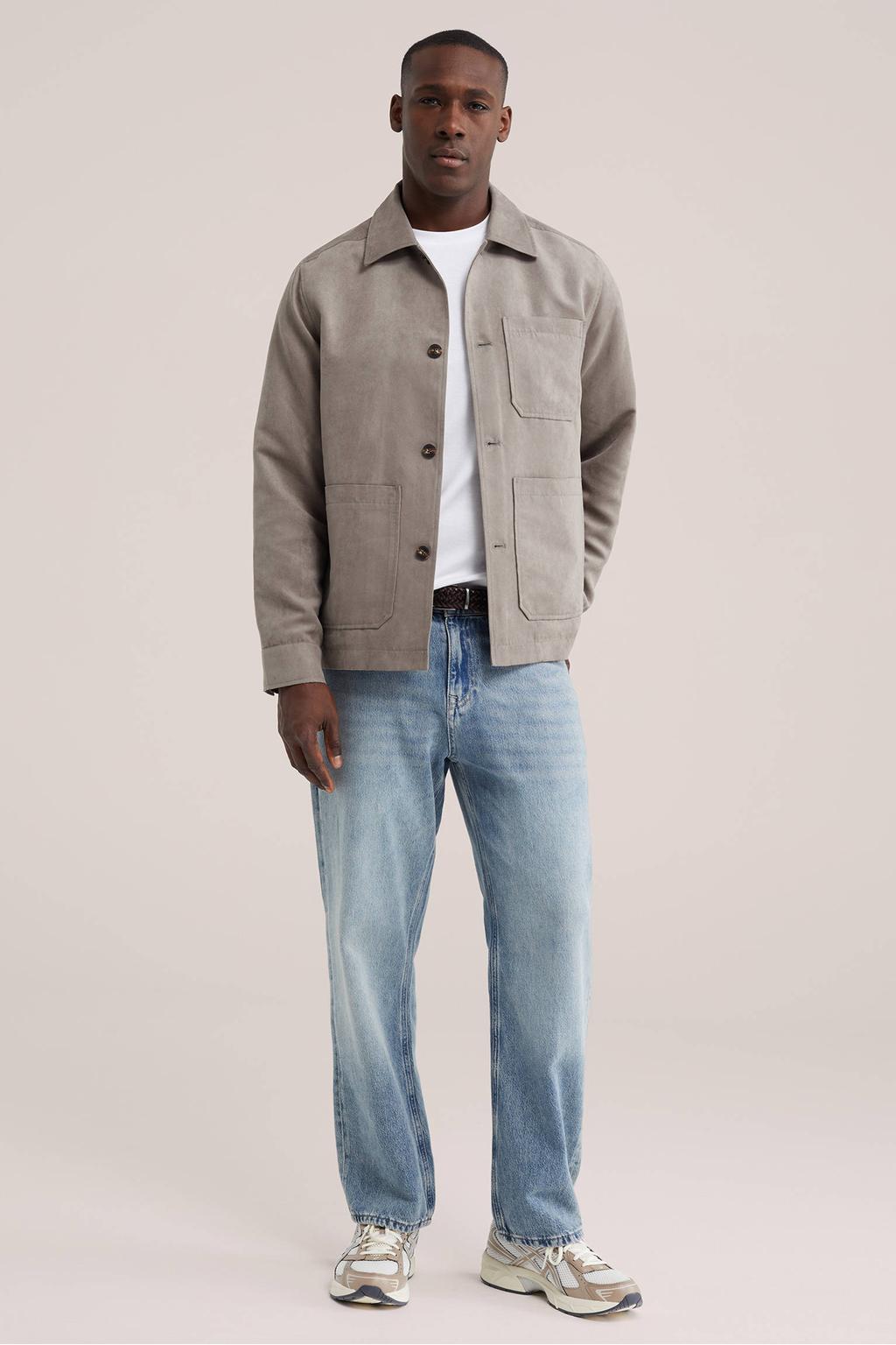 Groene heren WE Fashion suèdelook regular fit overshirt grasgroen met effen, lange mouwen en klassieke kraag