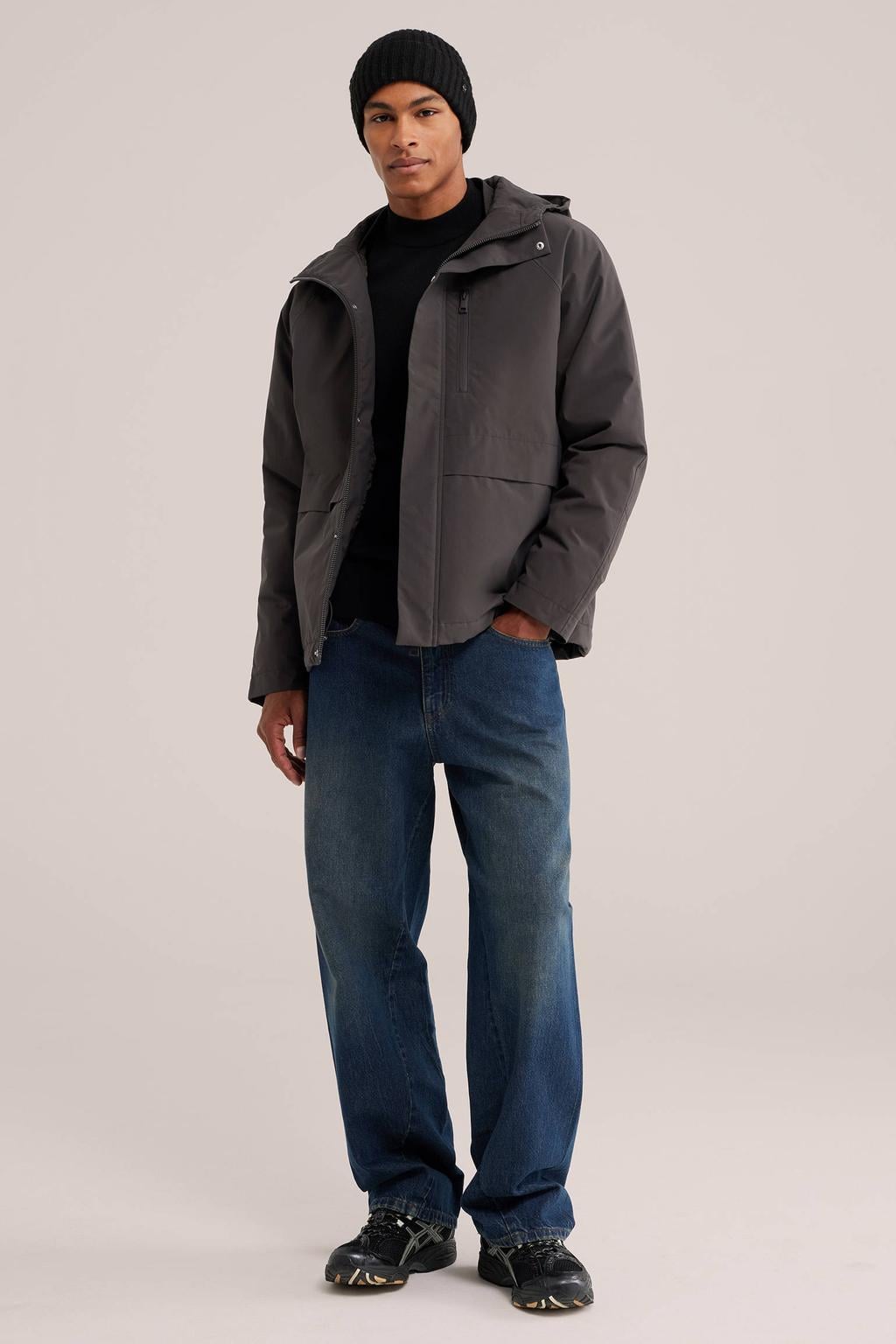 Antraciete heren WE Fashion winterjas van polyester met effen, lange mouwen, capuchon en rits- en drukknoopsluiting