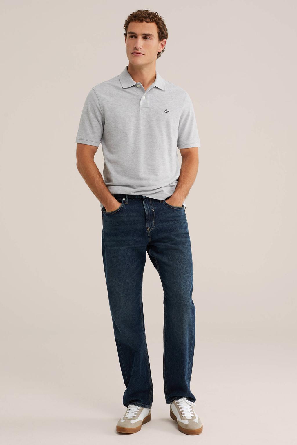 Grijze heren WE Fashion regular fit gemêleerde piqué polo van katoen met melée print en korte mouwen