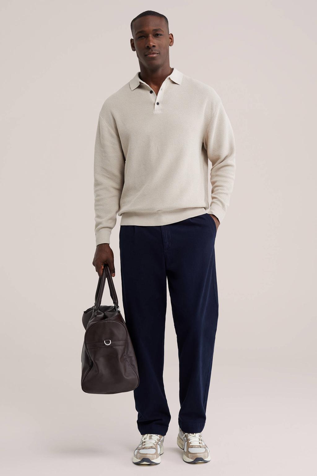 Beige heren WE Fashion katoenen regular fit gebreide trui met lange mouwen en klassieke kraag