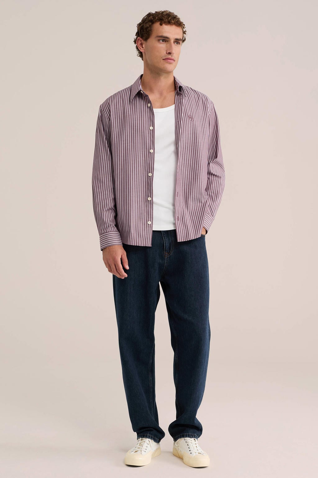WE Fashion relaxed fit gestreept overhemd met borduursels - bruin