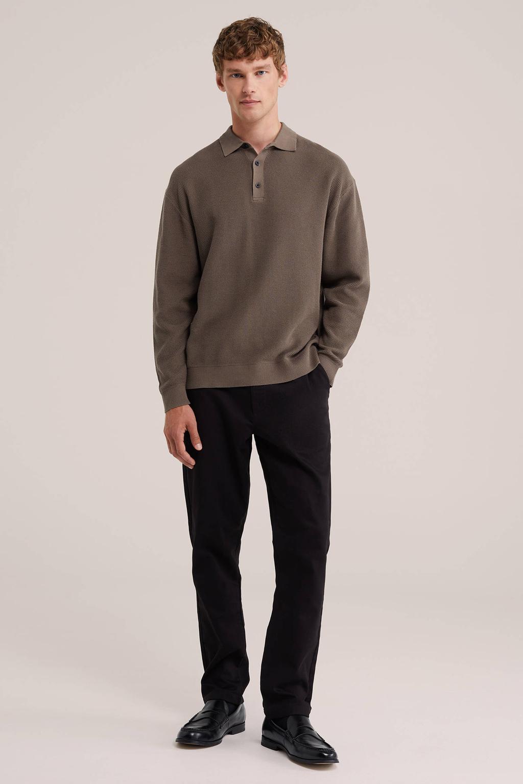 Bruine heren WE Fashion katoenen regular fit gebreide trui met lange mouwen en klassieke kraag