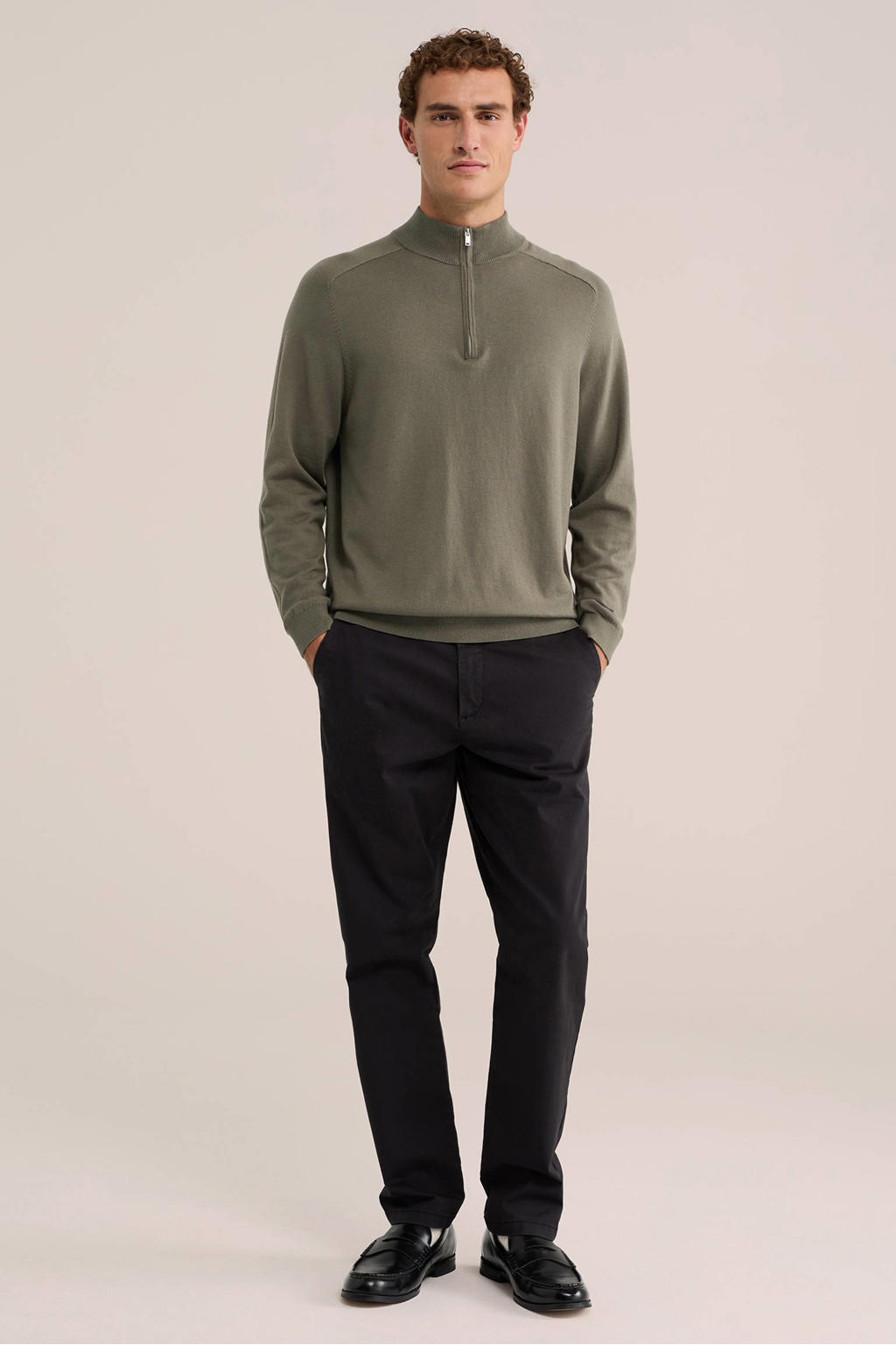 Groene heren WE Fashion katoenen regular fit gebreide trui met lange mouwen en opstaande kraag