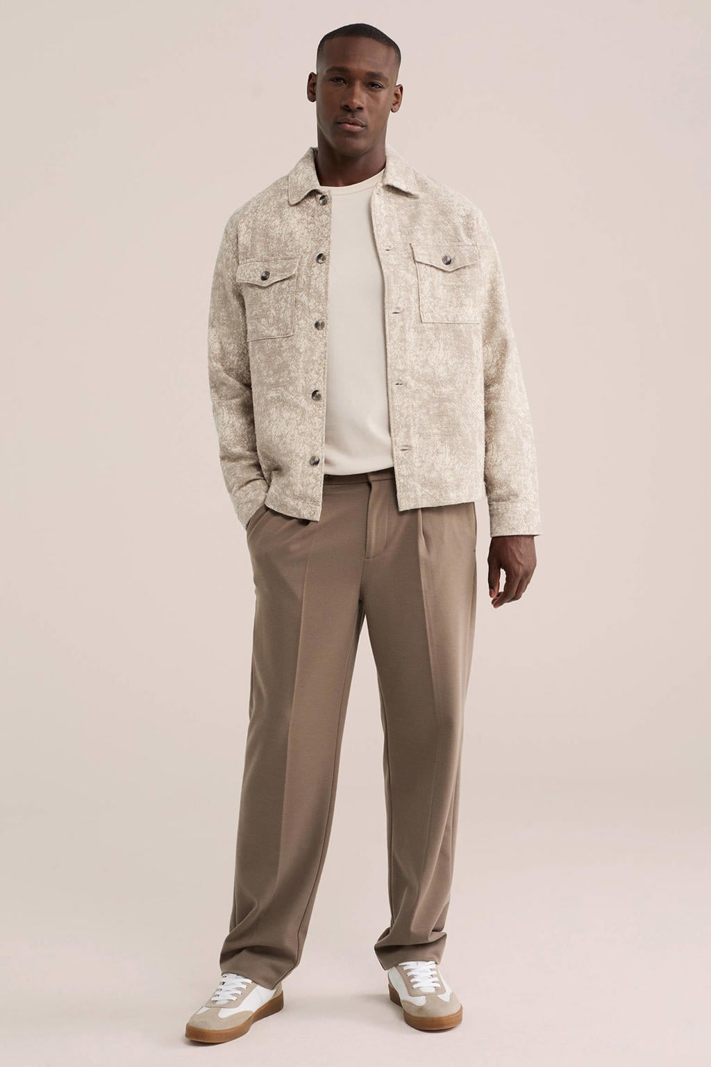 Beige heren WE Fashion regular fit overshirt van katoen met lange mouwen, klassieke kraag en textuur