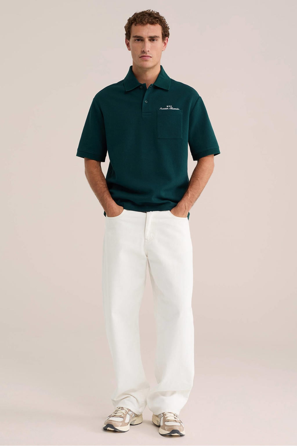 Groene heren WE Fashion oversized polo van katoen met effen, korte mouwen, knoopsluiting en borduursels