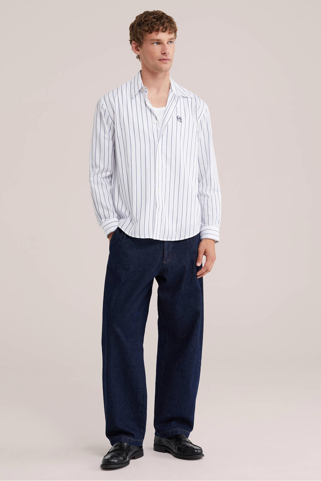 WE Fashion relaxed fit gestreept overhemd met borduursels - donkerblauw