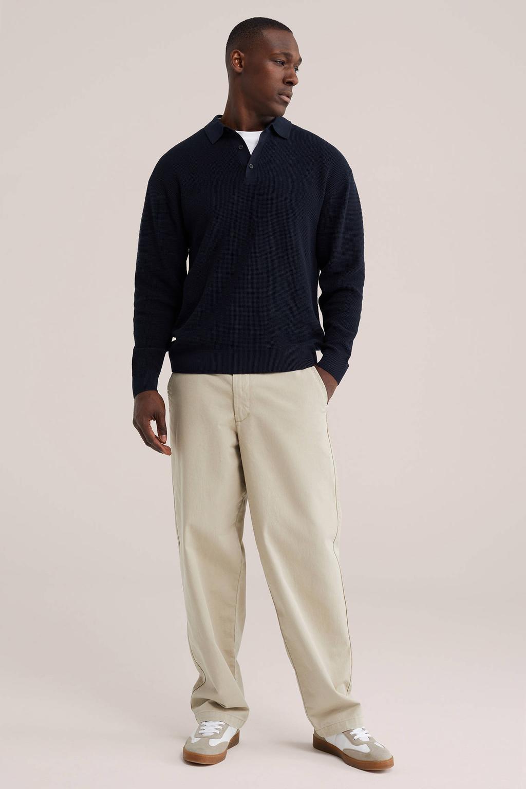 Donkerblauwe heren WE Fashion katoenen regular fit gebreide trui met lange mouwen en klassieke kraag