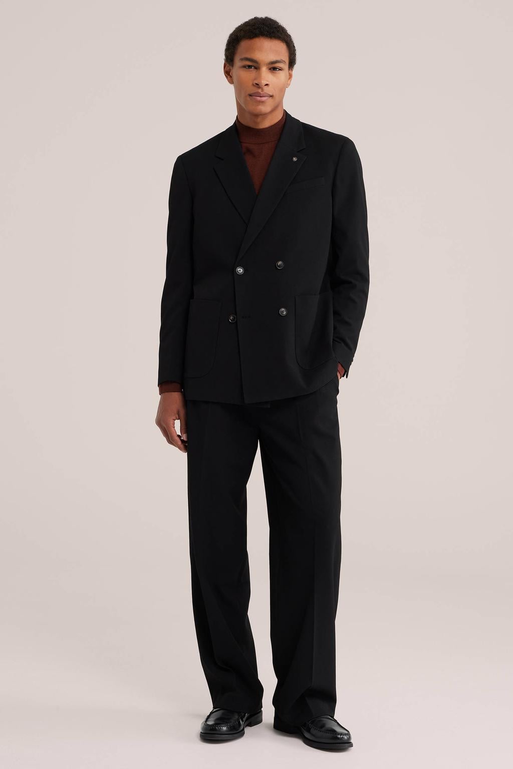 Zwarte heren WE Fashion regular fit colbert van polyester met effen, reverskraag, double breasted sluiting en broderie