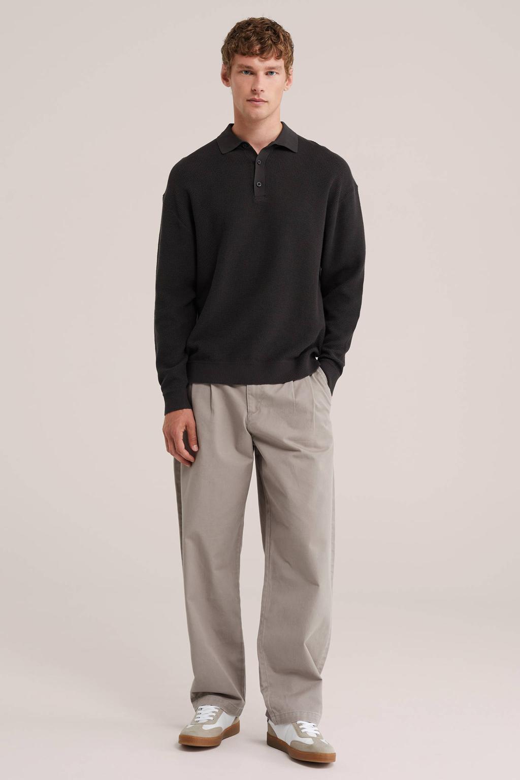 Donkerblauwe heren WE Fashion katoenen regular fit gebreide trui met lange mouwen en klassieke kraag