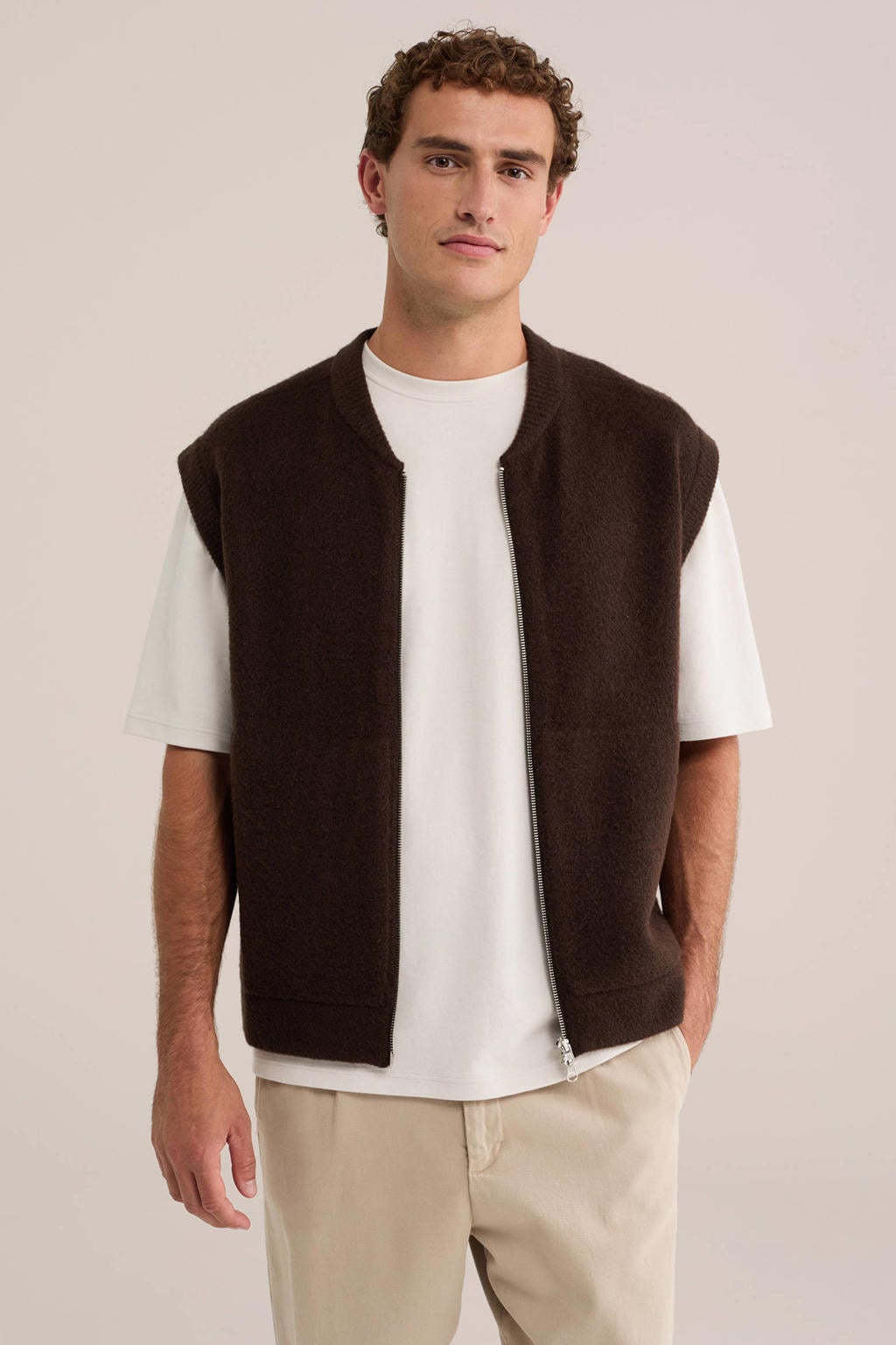 Donkerblauwe heren WE Fashion gebreid vest van wol met effen, ronde hals, 2-way rits en textuur