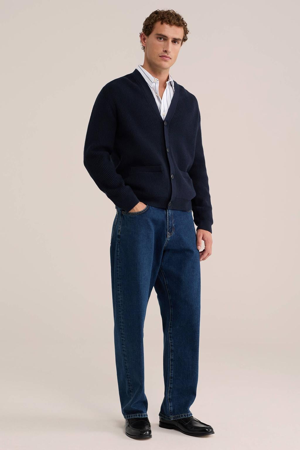 Donkerblauwe heren WE Fashion katoenen gebreid vest met lange mouwen, V-hals en knoopsluiting