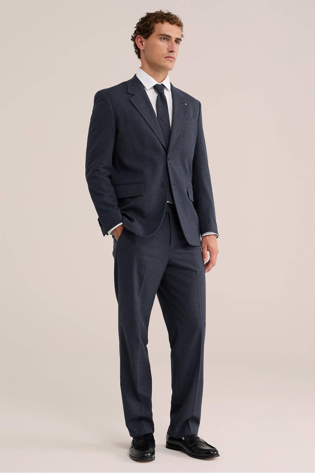 Donkerblauwe heren WE Fashion regular fit colbert van polyester met effen, reverskraag en sierknopen