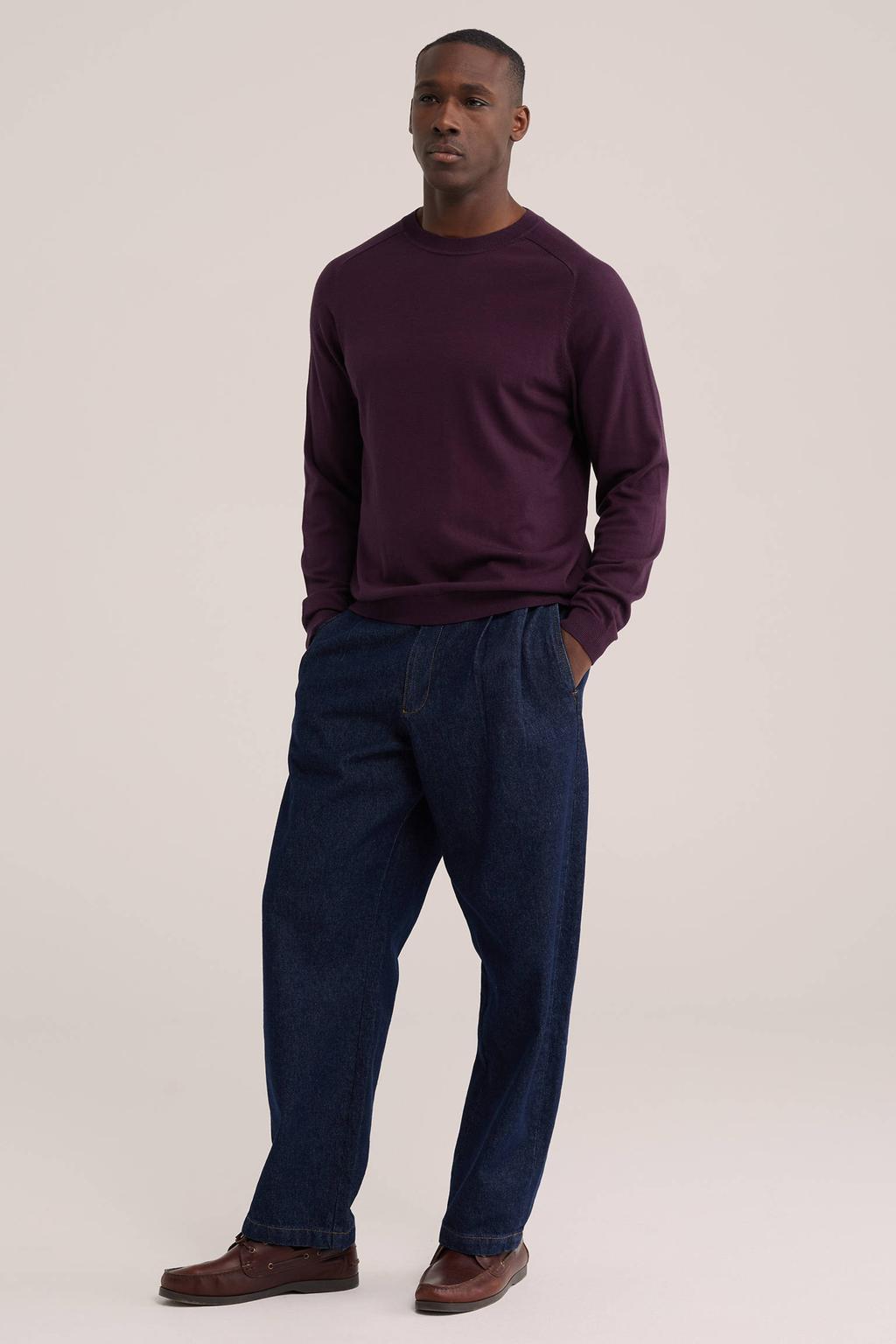 Donkerpaarse heren WE Fashion regular fit gebreide trui warm van katoen met effen, lange mouwen en ronde hals
