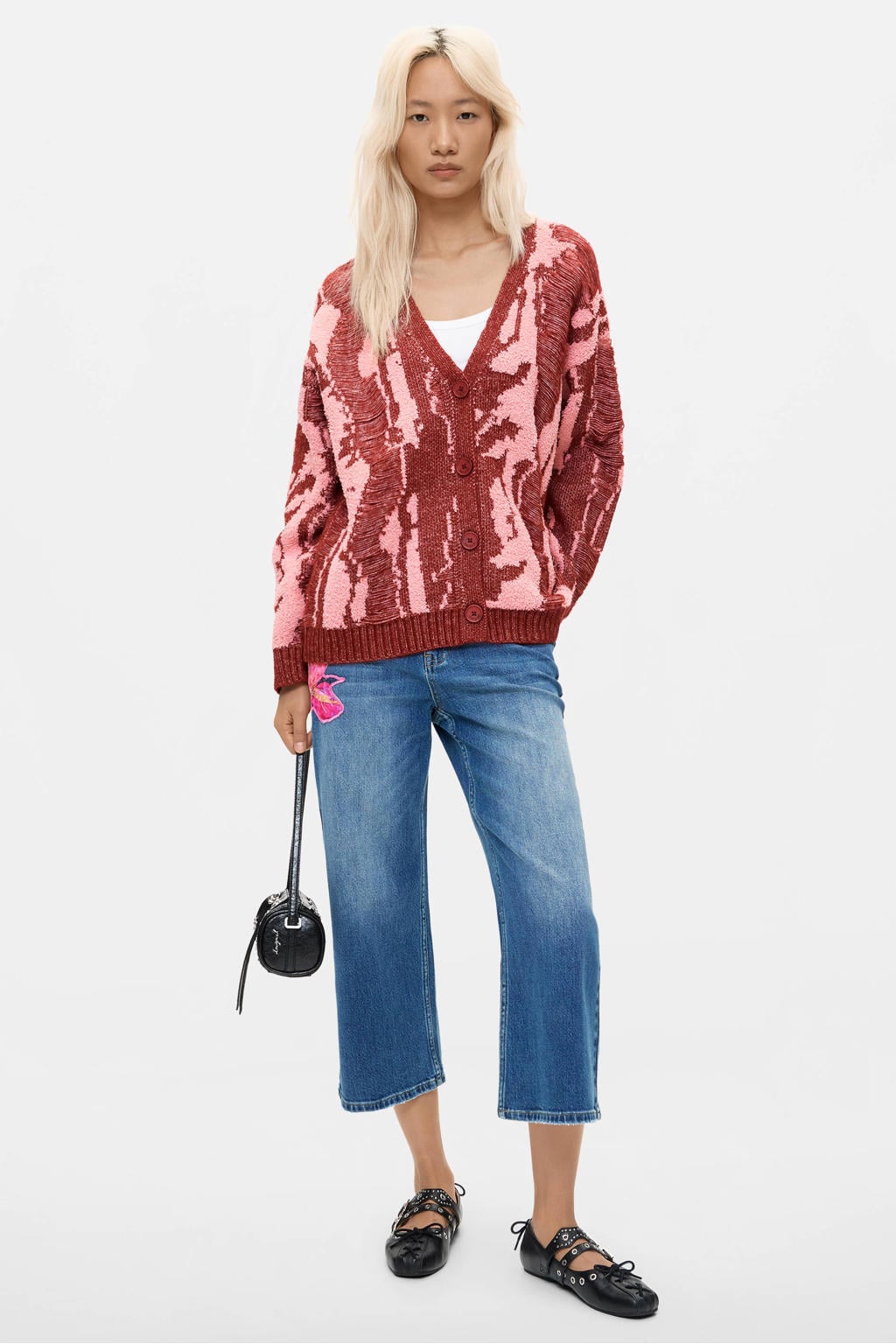 Rood en roze dames Desigual gebreid vest met lange mouwen, V-hals en knoopsluiting