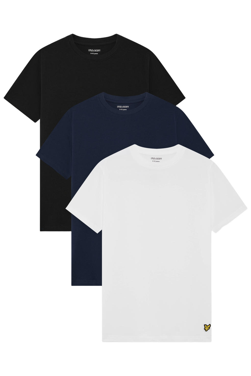 Set van 3 wit, donkerblauw en zwarte jongens Lyle & Scott T-shirts van katoen met effen, korte mouwen en ronde hals