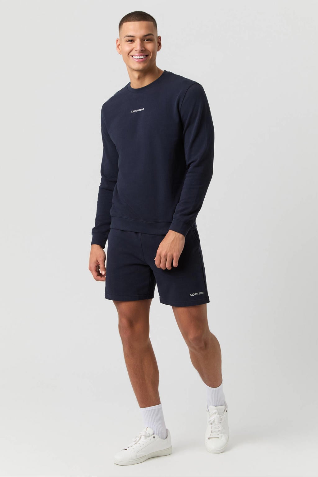 Donkerblauwe heren Björn Borg van sweat materiaal met effen, lange mouwen, ronde hals en geribde boorden