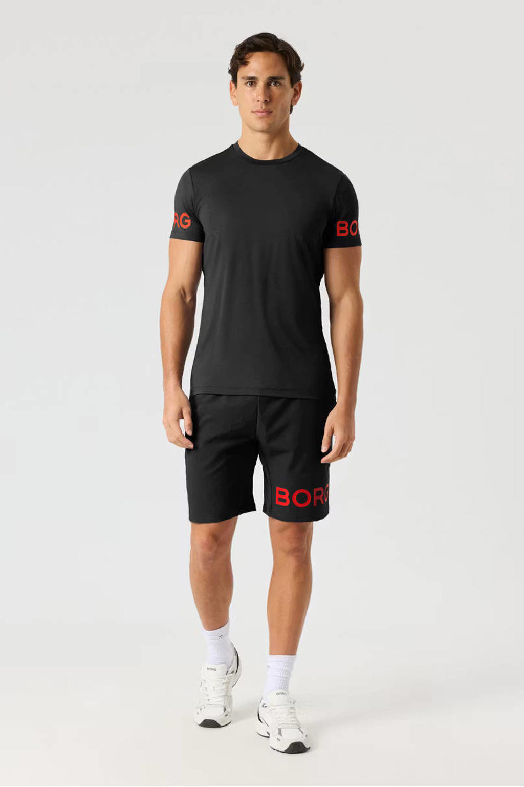 Zwarte heren Björn Borg sportshirt van polyester met logo dessin, korte mouwen en ronde hals