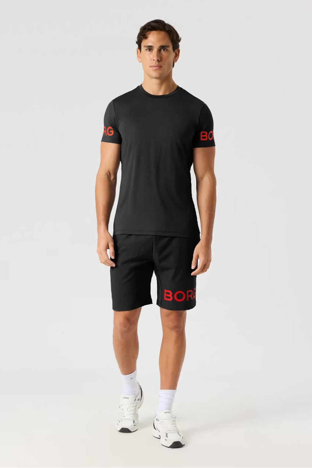 Zwarte heren Björn Borg sportshirt van polyester met logo dessin, korte mouwen en ronde hals