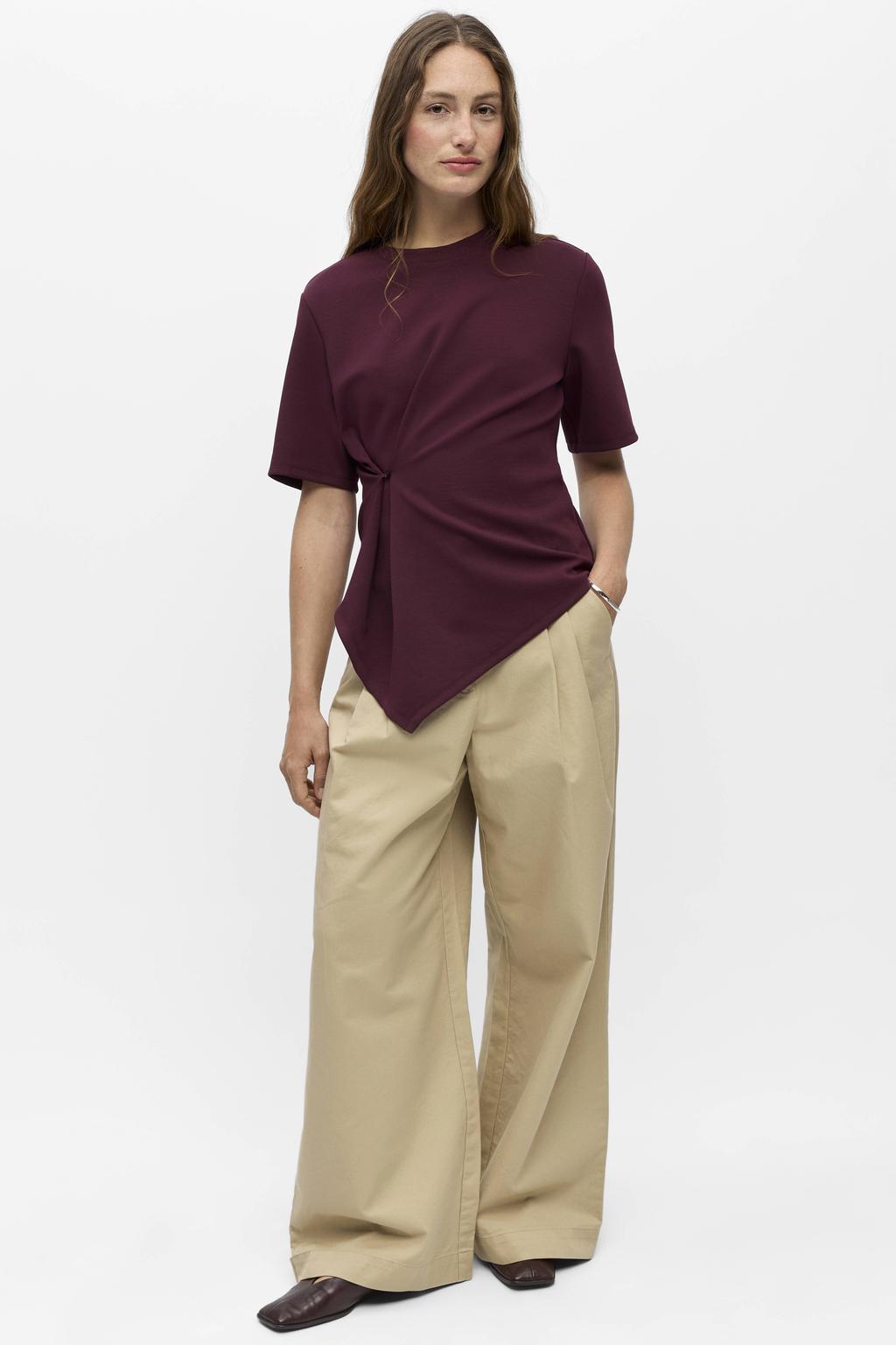 Donkerpaarse dames OBJECT top van polyester met effen, korte mouwen, ronde hals en mesh