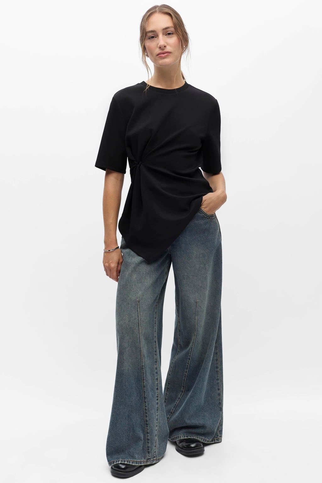 Zwarte dames OBJECT top van polyester met effen, korte mouwen, ronde hals en mesh