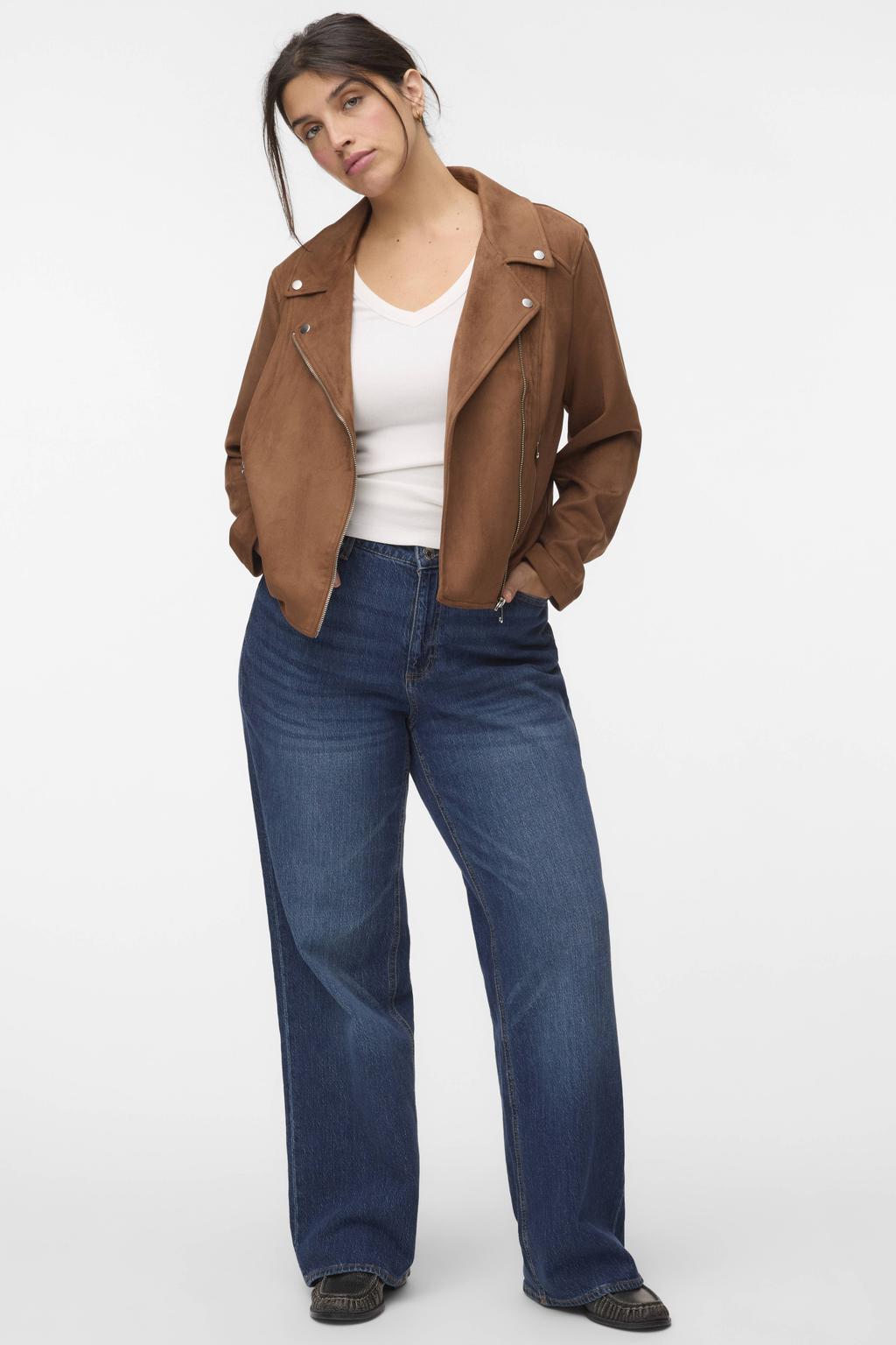 Cognackleurige dames VERO MODA CURVE imitatieleren jas Plus Size met lange mouwen, reverskraag en ritssluiting