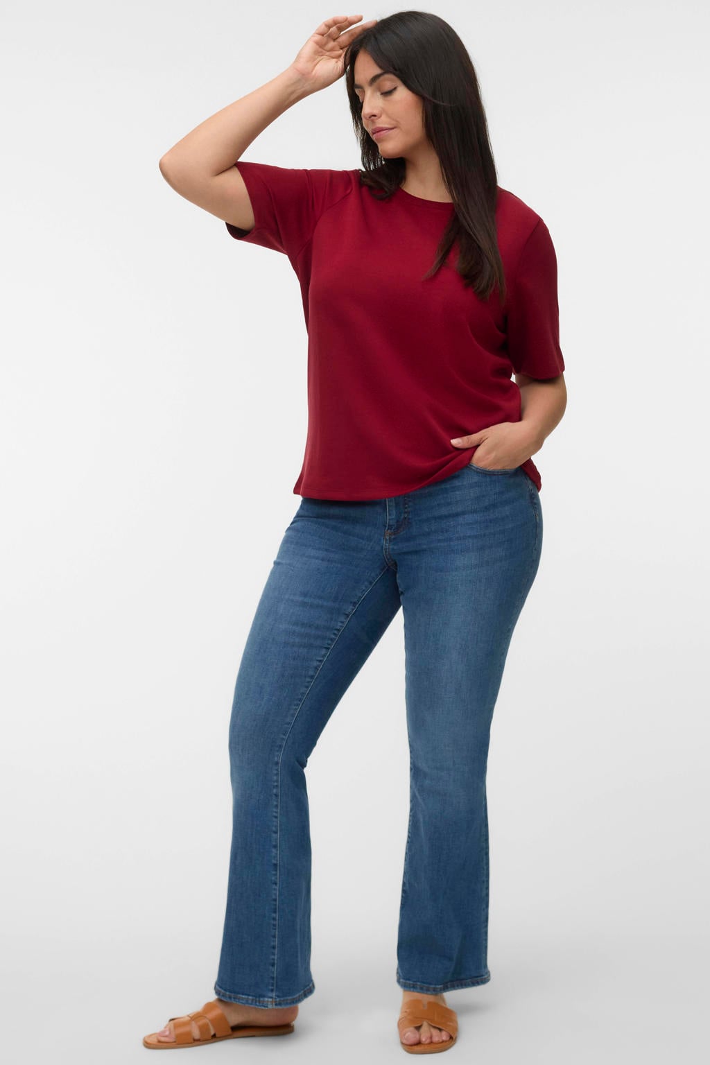 Donkerrode dames VERO MODA CURVE top Plus Size van viscose met effen en korte mouwen