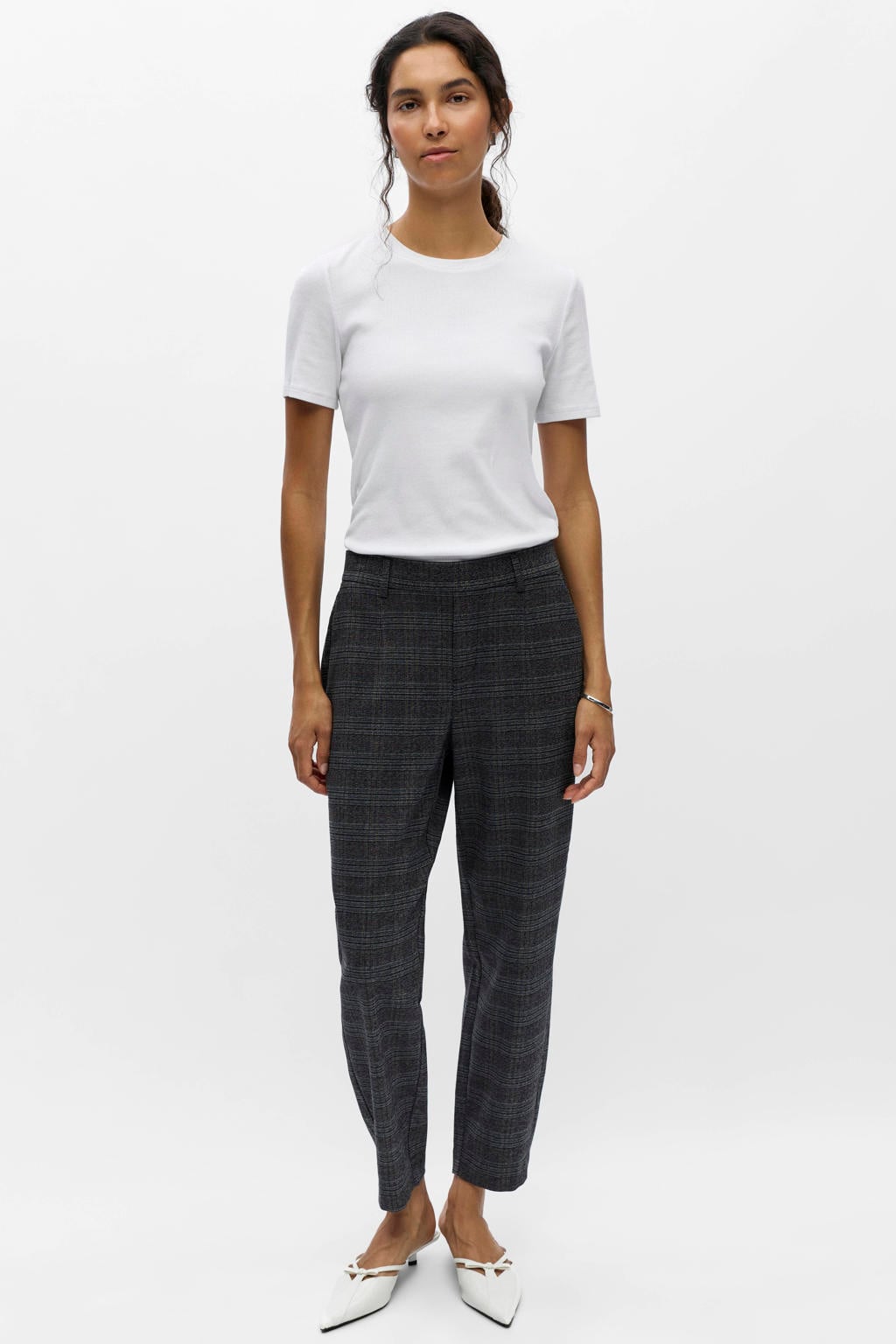 Grijze dames OBJECT tapered pantalon van polyester met regular waist, elastische tailleband en krijtstreepprint