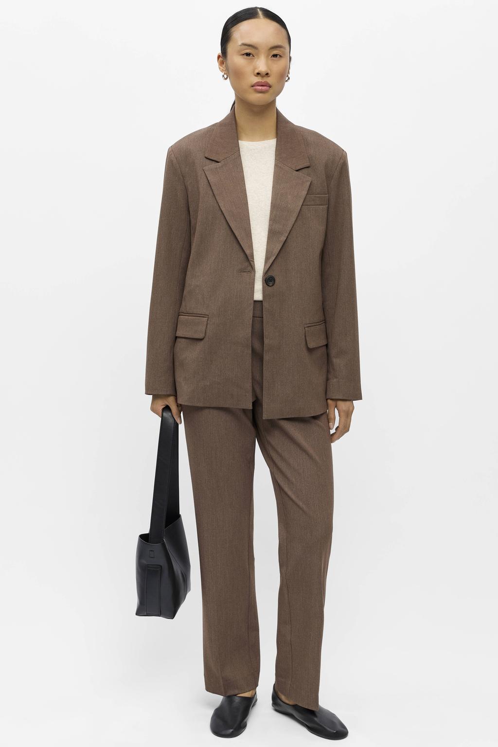 Camelkleurige dames OBJECT regular fit gestreepte blazer van polyester met lange mouwen, reverskraag en geweven detail