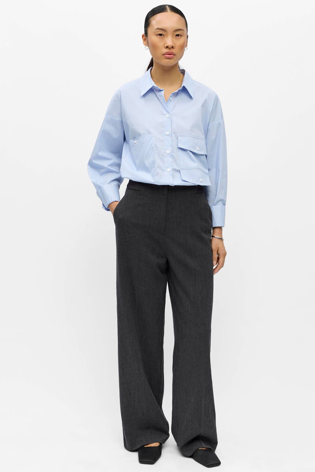 Zwarte dames OBJECT wide leg casual broek met knoopsluiting en effen