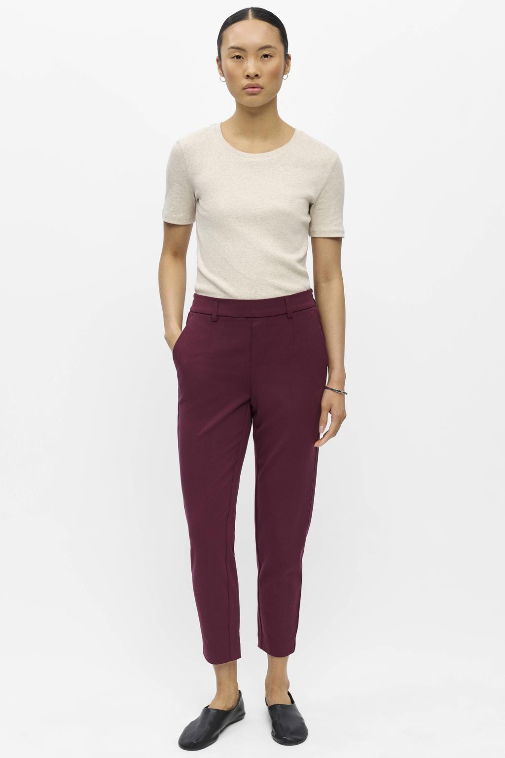 Donkerrode dames OBJECT slim fit pantalon van polyester met regular waist, elastische tailleband en effen