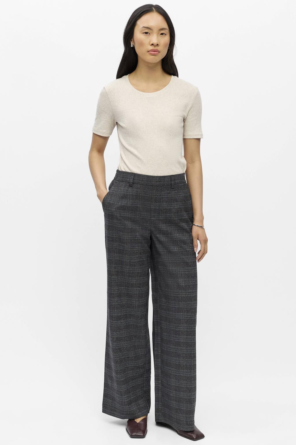 Grijze dames OBJECT wide leg pantalon met elastische inzet en krijtstreepprint
