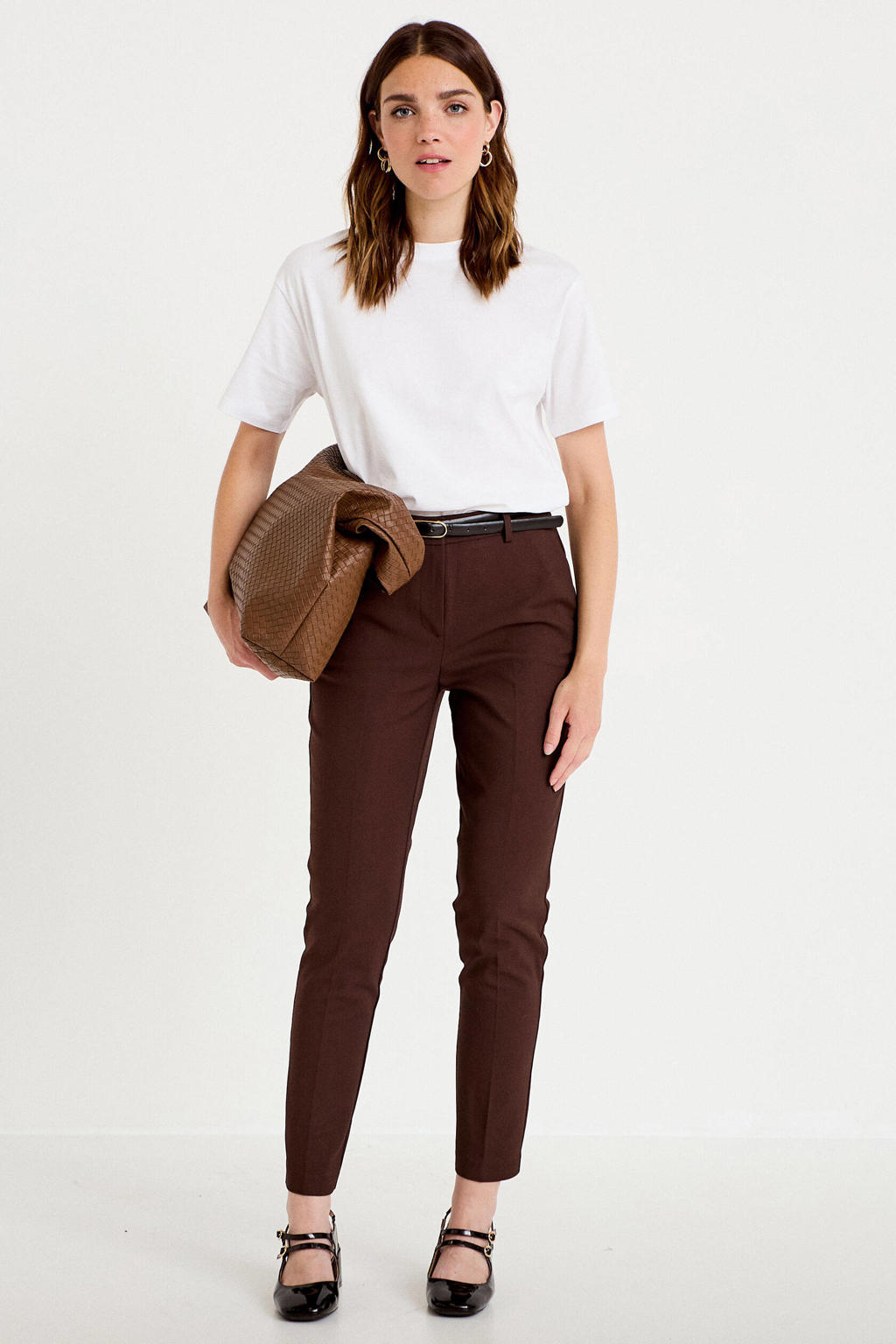 Cache Cache tapered cropped pantalon met ceintuur - donkerbruin