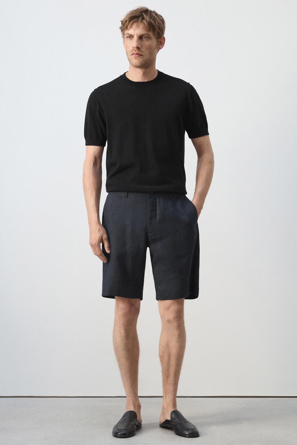 Mango Man slim fit chino short met linnen - marine