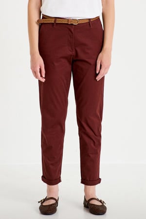 regular fit cropped chinobroek met ceintuur - donkerrood