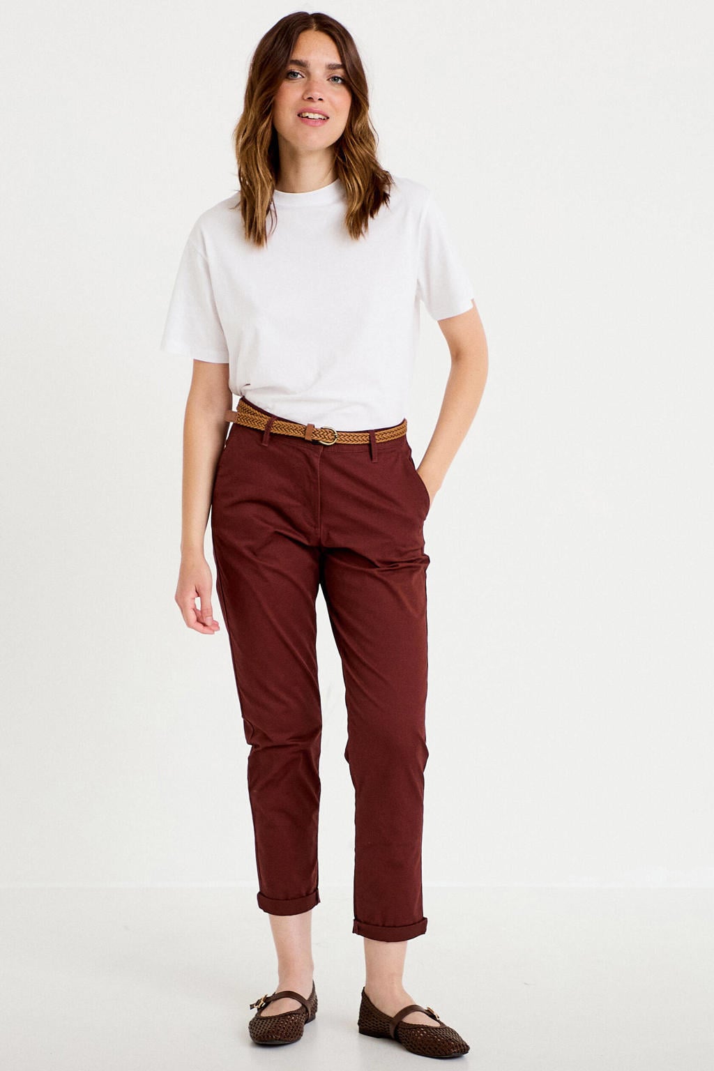 Cache Cache regular fit cropped chinobroek met ceintuur - donkerrood