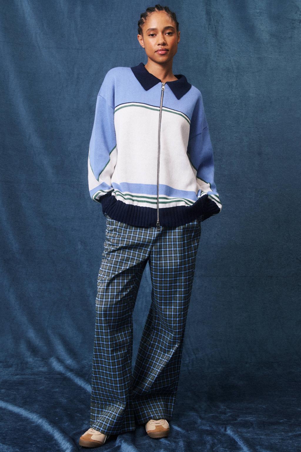 Grijs en blauwe dames FRNCH regular waist straight leg geruite broek met rits- en haaksluiting
