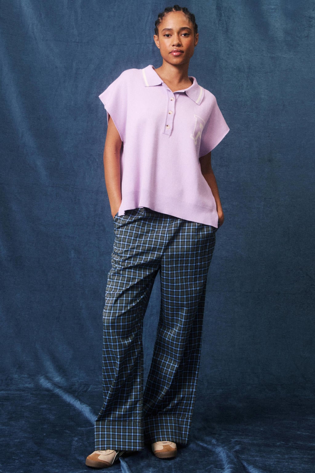 Lila en ecru dames FRNCH top van viscose met effen en polo kraag