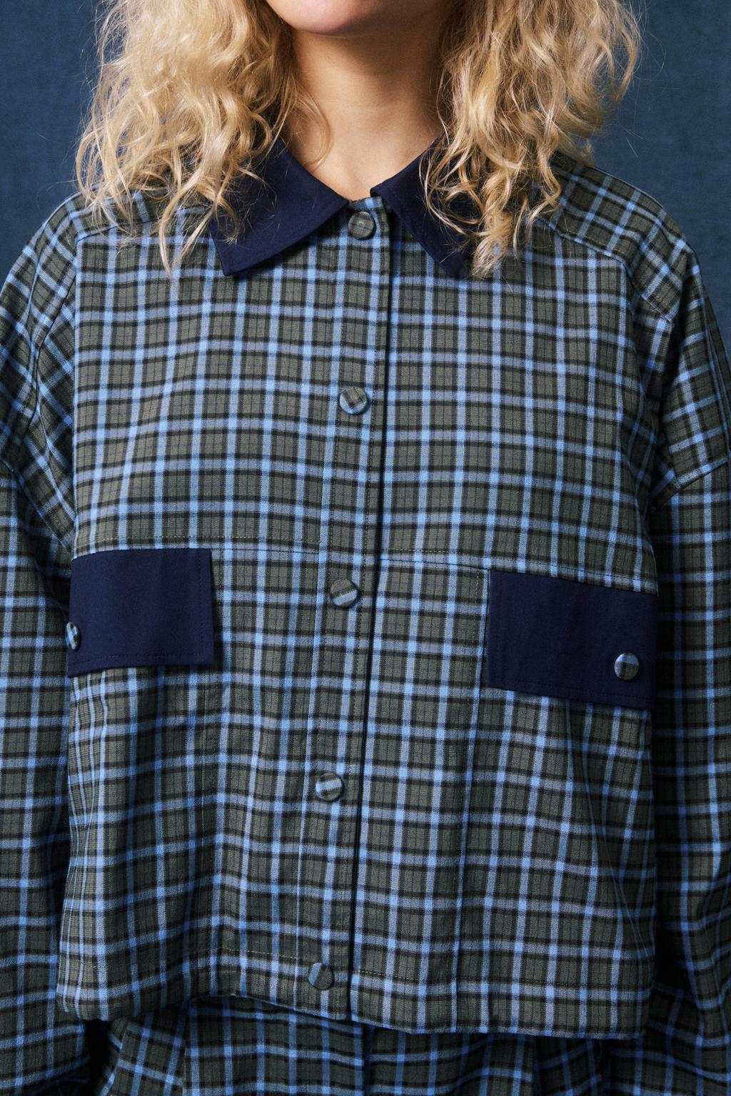 Blauw en bruine dames FRNCH geruite bomberjack van polyester met lange mouwen en klassieke kraag